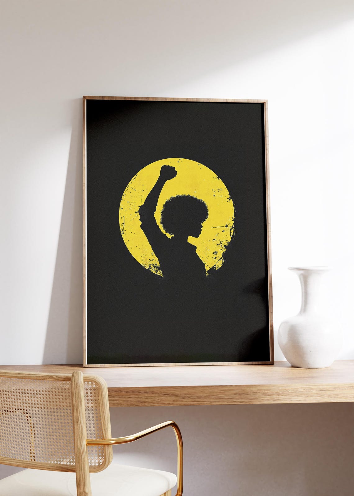 Black Woman Raised Fist Power Silhouette Yellow Black Art Poster