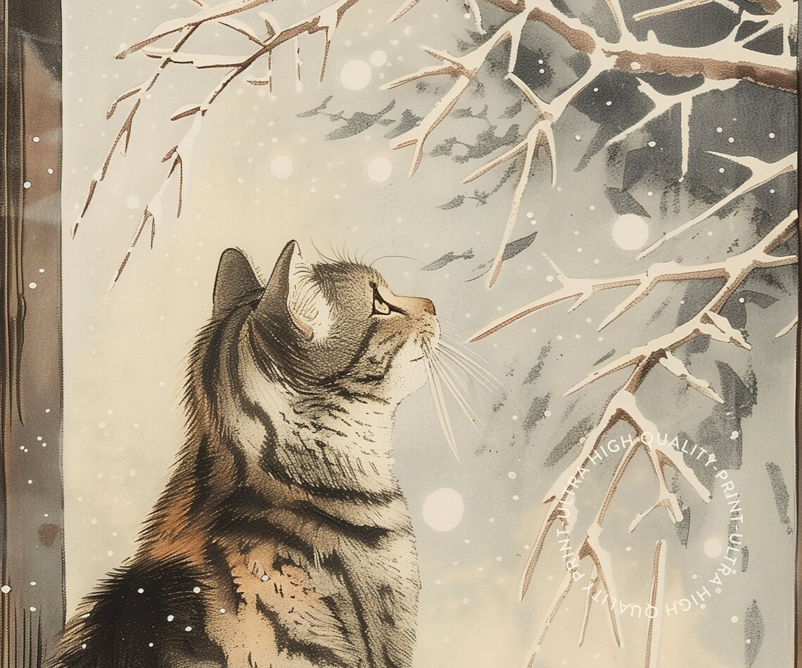 Japanese Cat Snow Window Tabby Watching Snowfall Vintage Style Art Print - Image 5