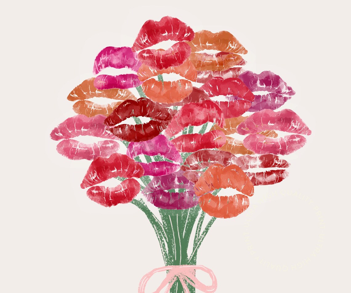 Bouquet Of Kisses Colorful Lips Print Retro Floral Bouquet Poster - Image 4