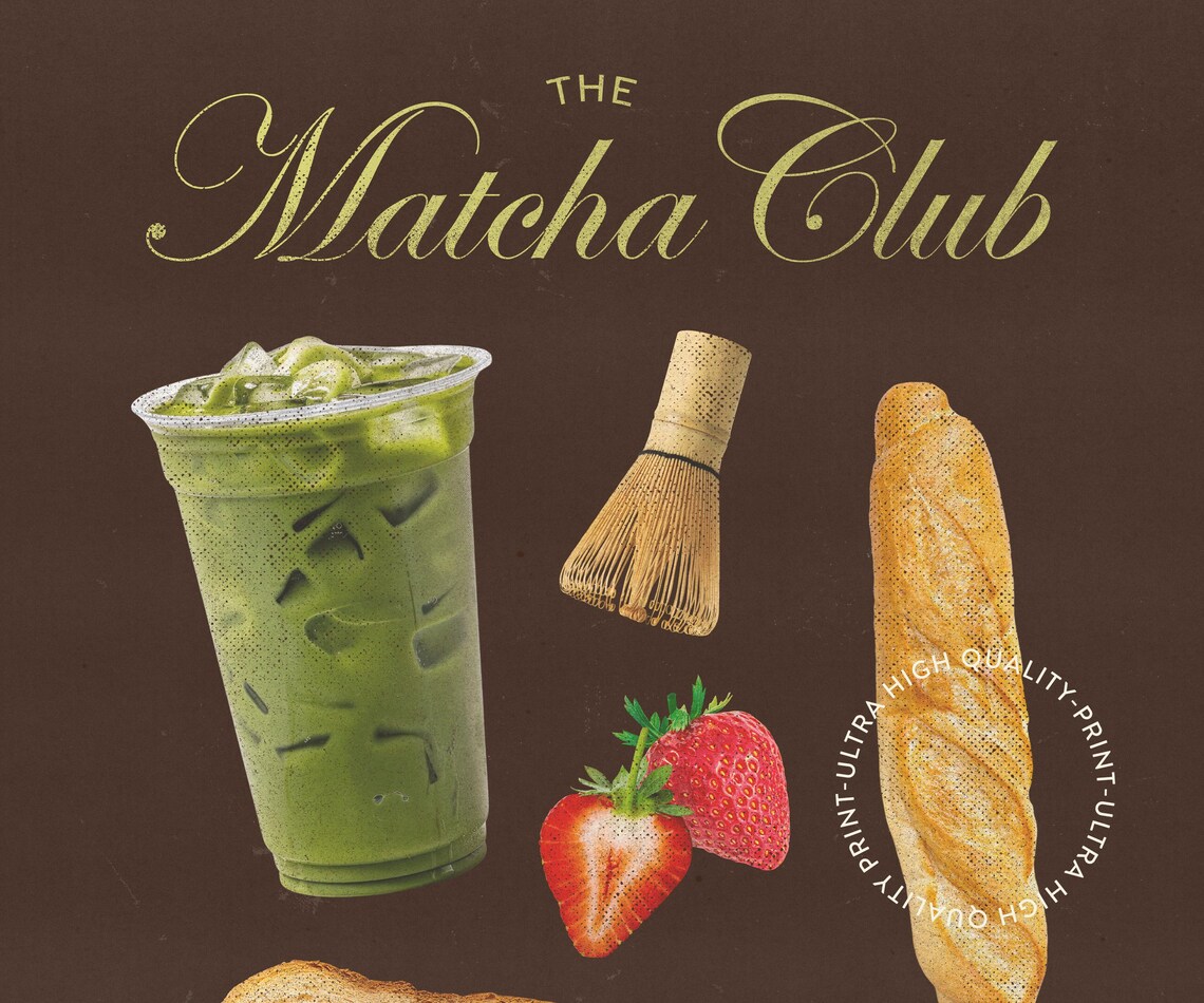 The Matcha Club Iced Latte Collage Brown Retro Cafe Foodie Poster - Image 5
