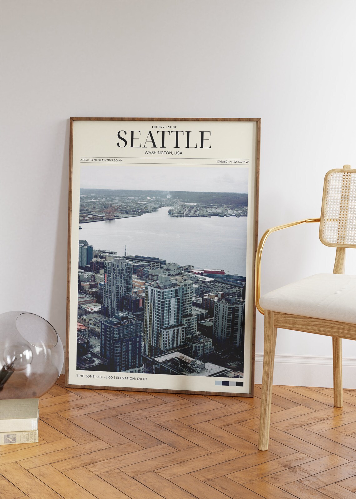 Seattle Washington Skyline Aerial Harbor Vintage Travel Poster