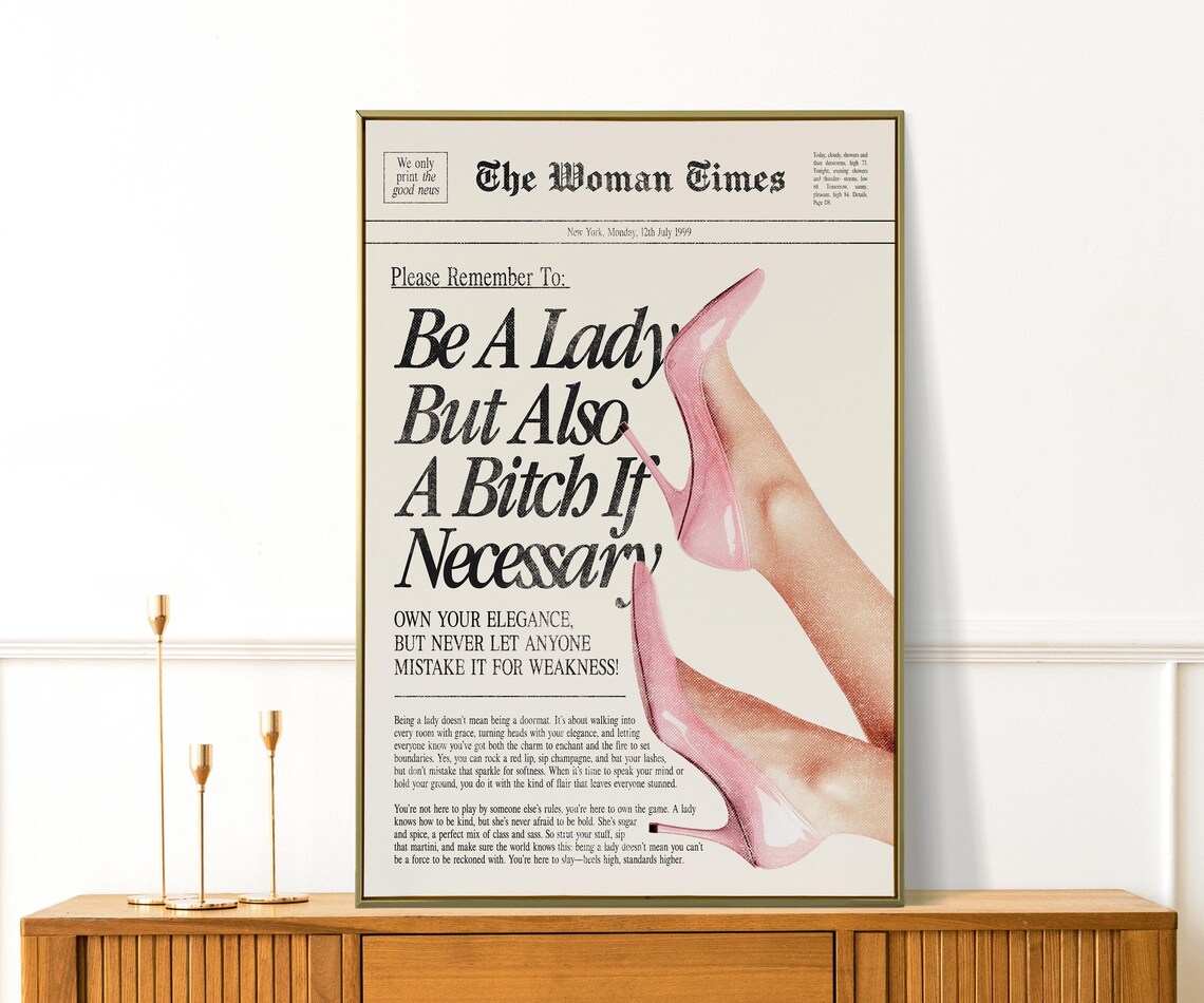 Be A Lady But Also A Bitch Newspaper Retro Feminist Quote Wall Print - Image 2