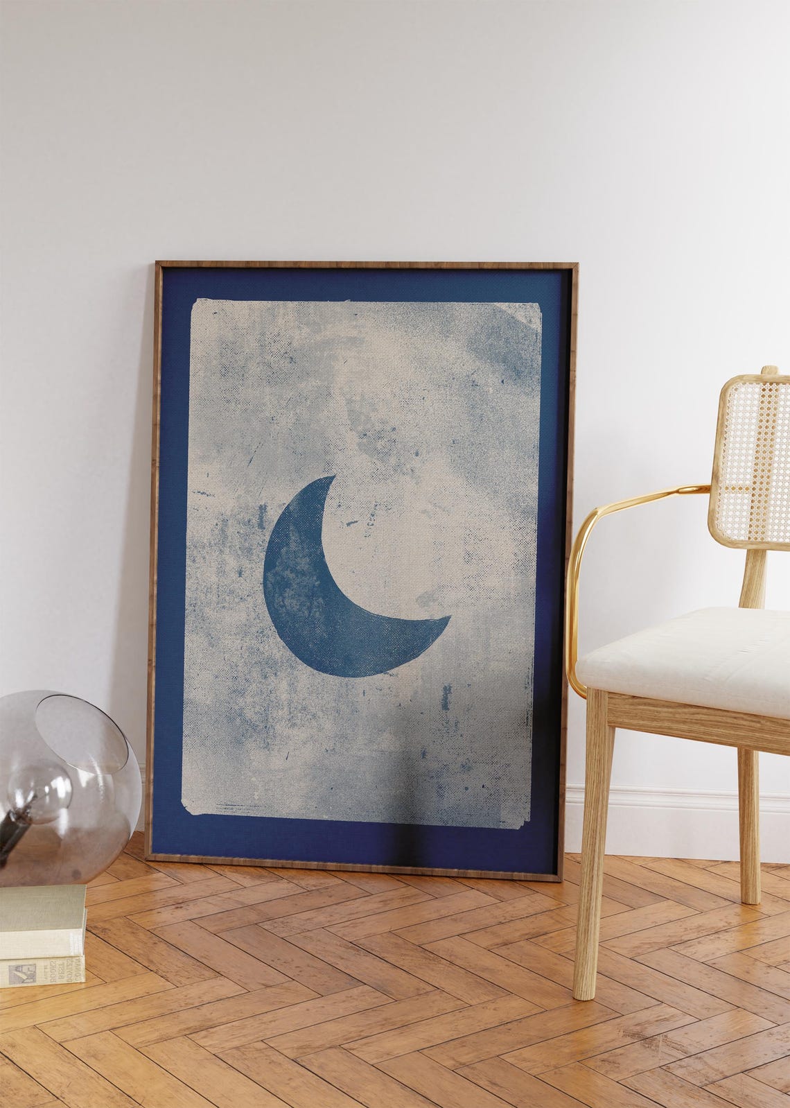 Navy Blue Crescent Moon Celestial Night Sky Vintage Style Poster - Image 4