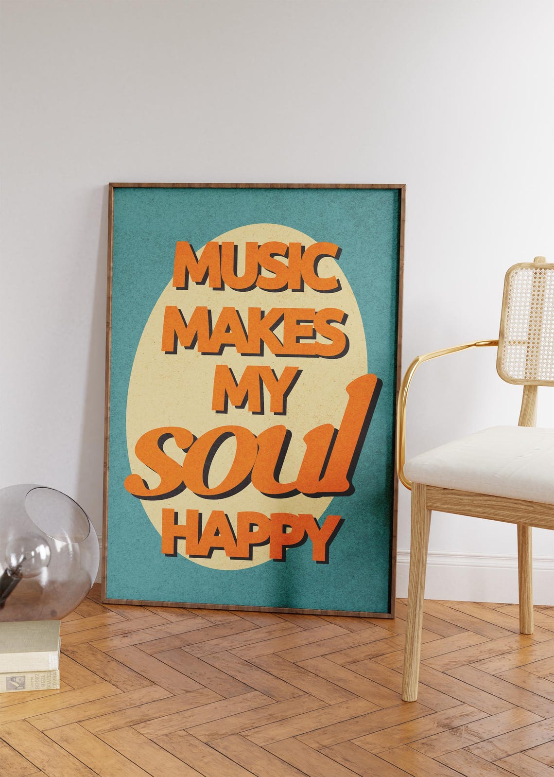 Music Makes My Soul Happy Orange Retro Quote Poster Teal Background