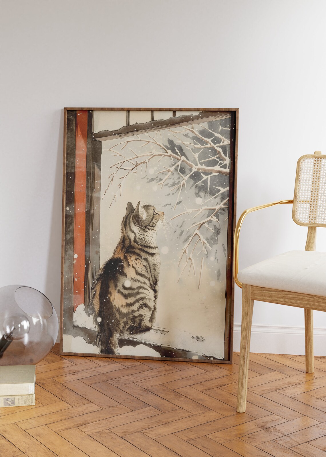 Japanese Cat Snow Window Tabby Watching Snowfall Vintage Style Art Print - Image 2