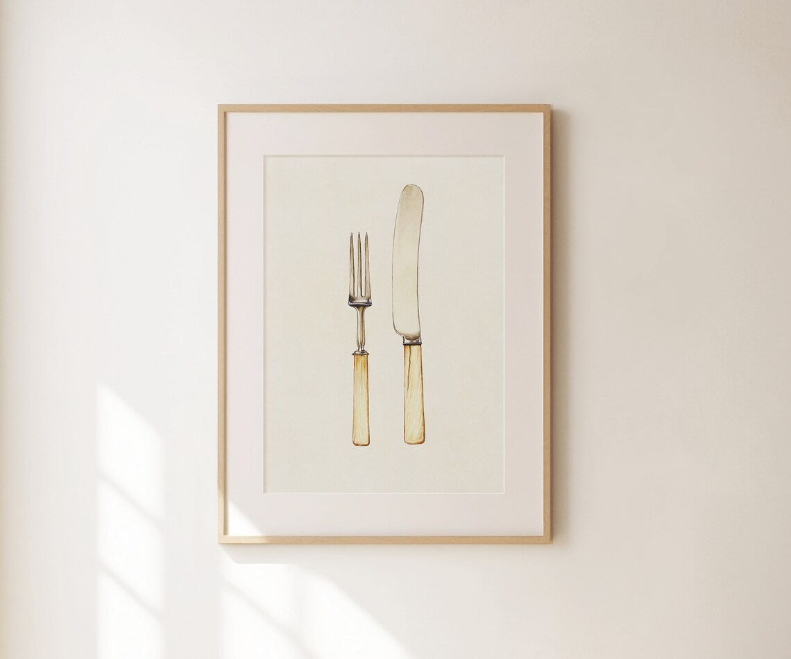 Vintage Fork Knife Silverware Illustration Cream Retro Kitchen Art Poster - Image 2
