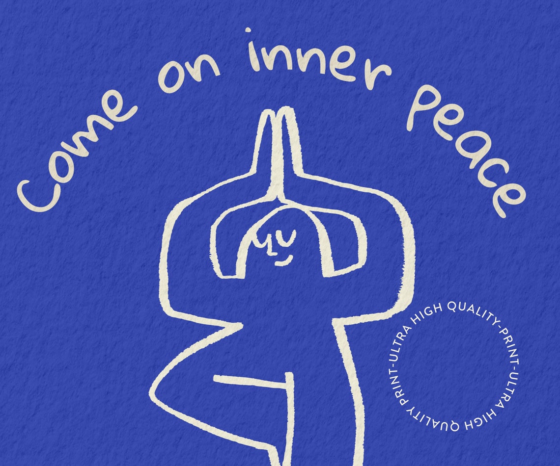 Come On Inner Peace Yoga Funny Quote Blue Doodle Wall Art Poster - Image 5