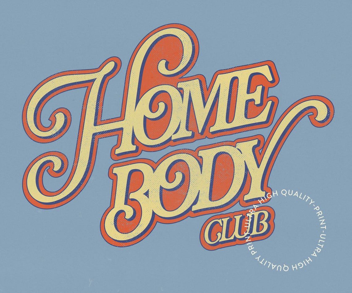Home Body Club Retro Swirly Orange Lettering Blue Background Poster - Image 5