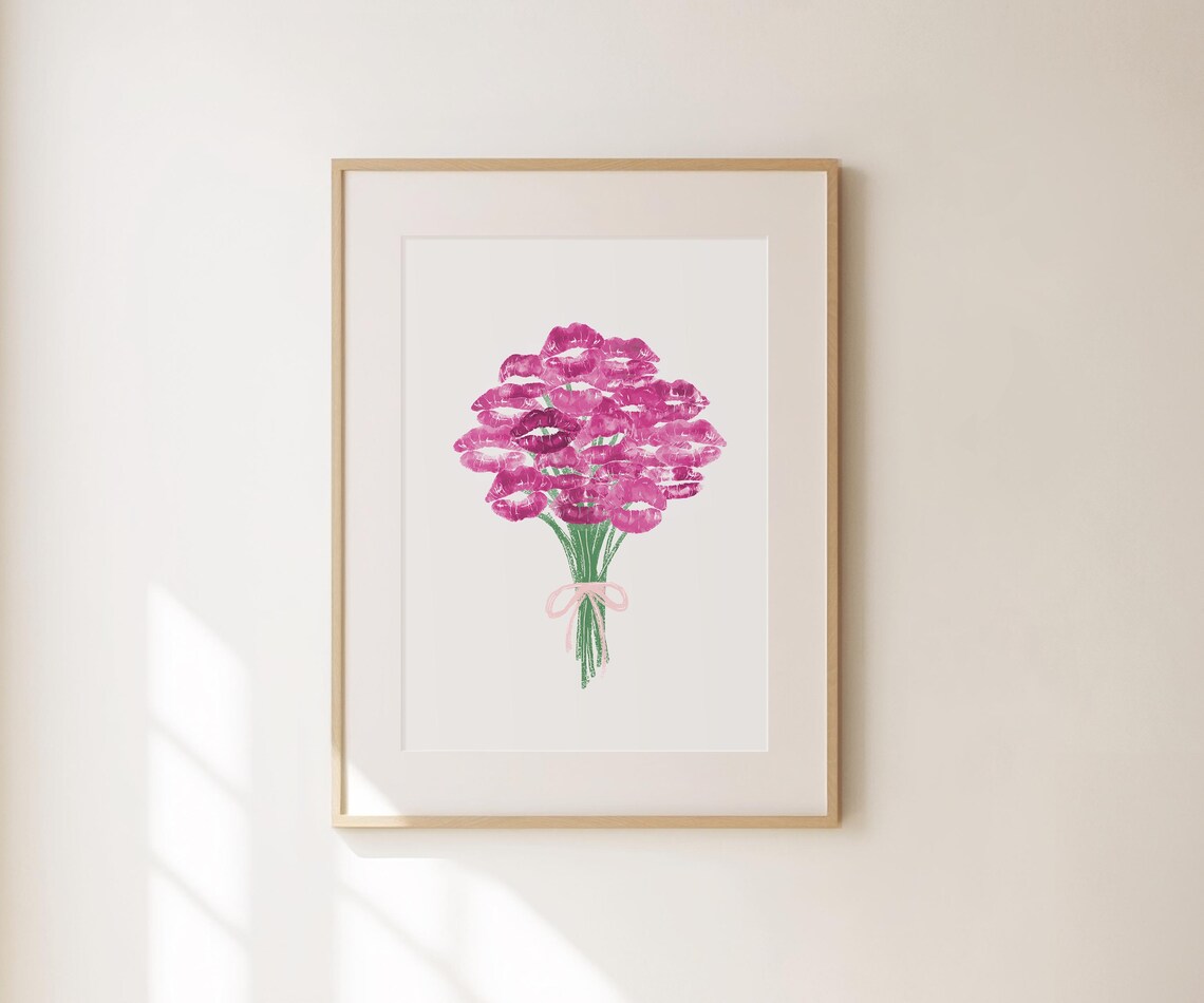 Bouquet Of Kisses Pink Lipstick Print Retro Floral Bouquet Poster