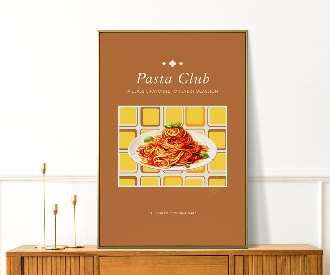 Retro Pasta Club Spaghetti Tomato Sauce Brown Kitchen Wall Art Poster