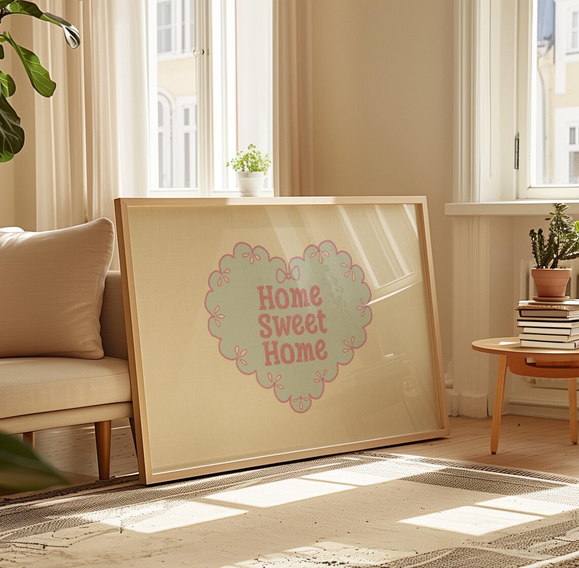 Home Sweet Home Mint Green Heart Pink Girly Cottage Wall Art - Image 2