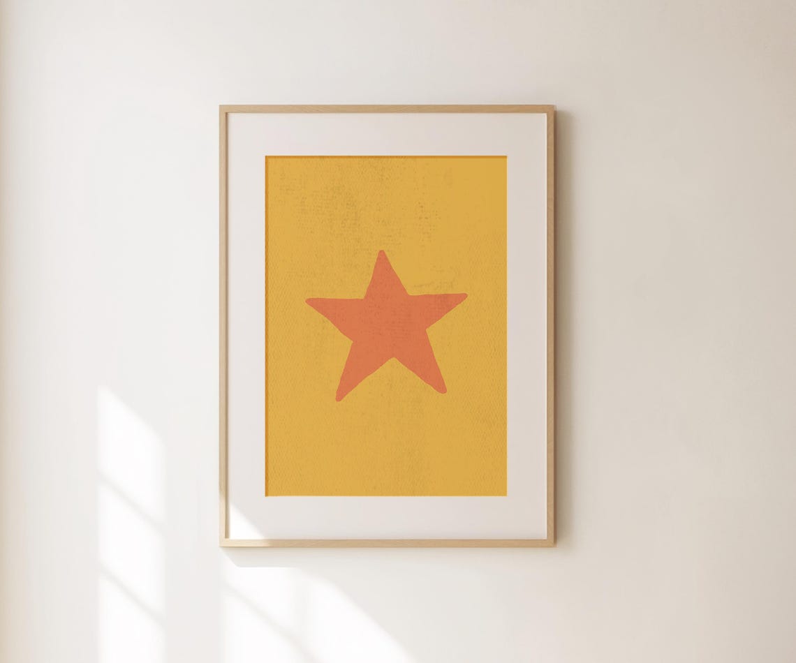 Retro Hand Drawn Star Orange On Yellow Minimalist Nursery Poster