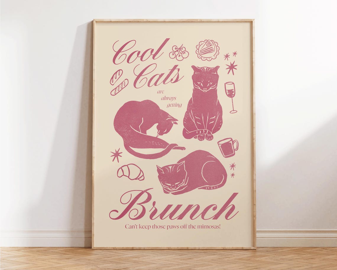 Cool Cats Brunch Funny Pink Retro Cat Illustration Kitchen Poster