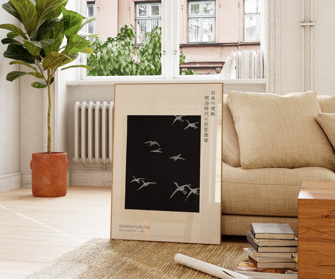 Korin Furuya Bijutsukai White Flying Birds Black Japanese Art Poster - Image 2