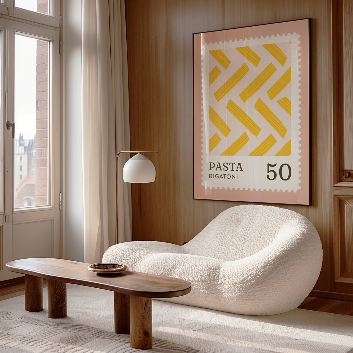 Rigatoni Pasta Yellow Pink Stamp Style Retro Kitchen Wall Art Poster - Image 3