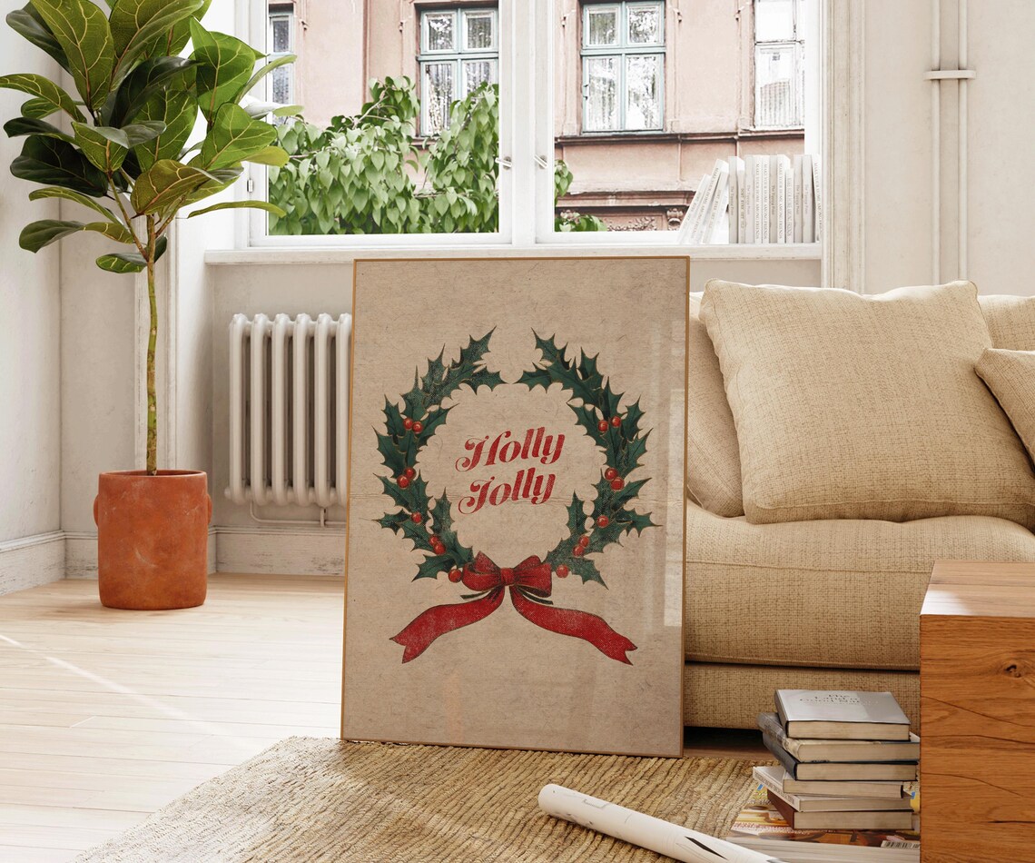 Holly Jolly Vintage Christmas Wreath Red Bow Retro Holiday Wall Art - Image 3