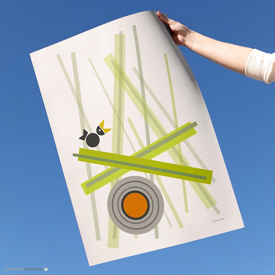 Geometric Bird in Tall Grass With Orange Sun Circle Art Poster - Image 4