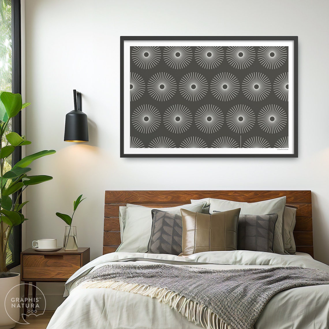 White Sunburst Flower Pattern on Charcoal Botanical Art Poster - Image 5