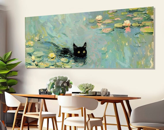 Cute Black Cat Swimming Among Water Lilies Of Monets Garden Painting Print Abstract Monet Style Wall Art Framed And Ready To Hang