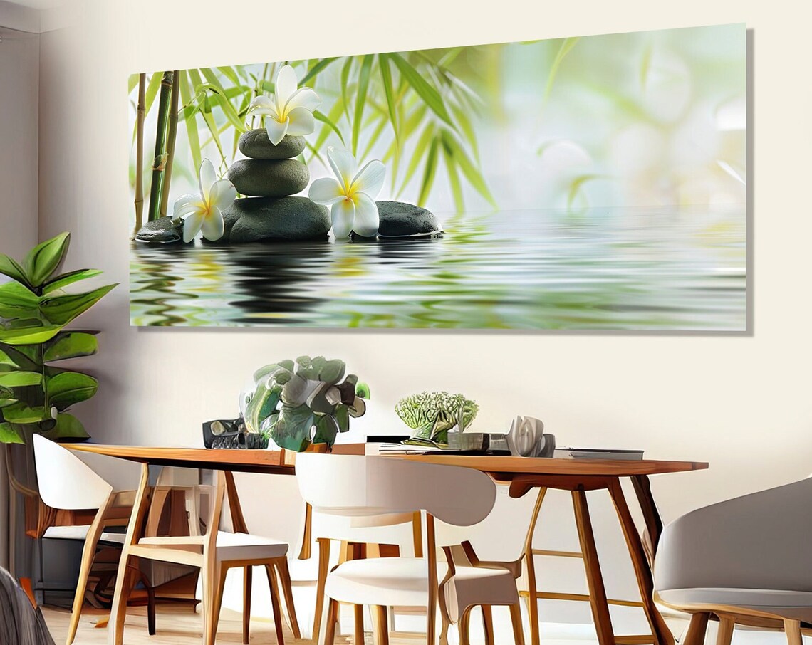 Zen Spa Stones Stacked Cairns Water Bamboo Serene Green Wall Art