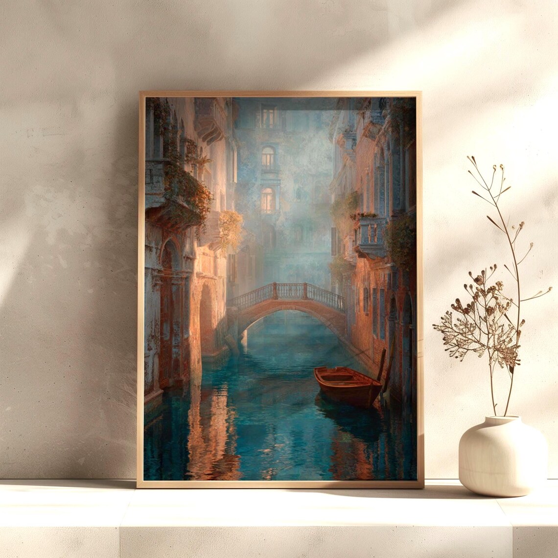 Venice Canal Bridge Boat Romantic Misty Morning Italy Art Poster