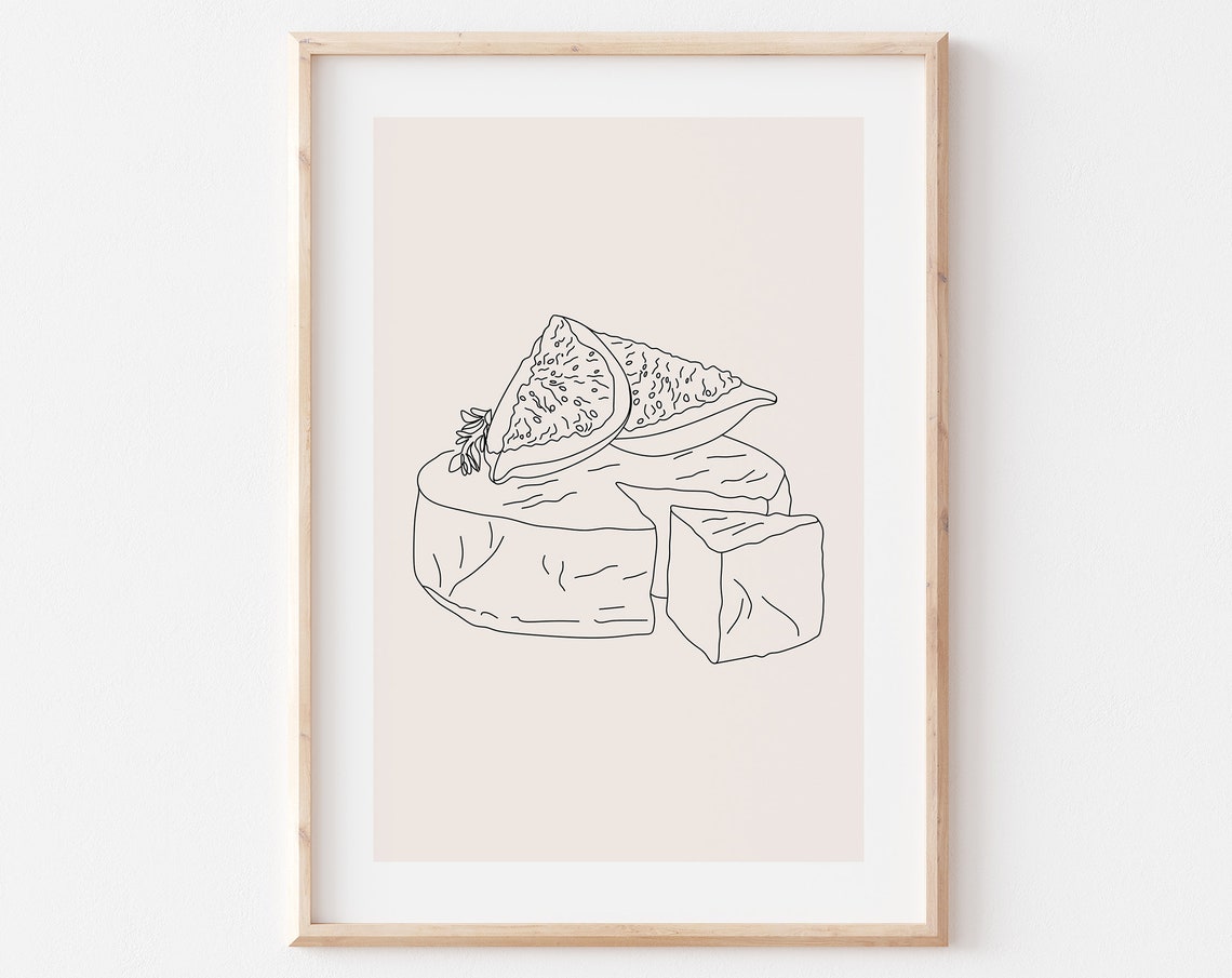 Le Fromage Cheese Wheel and Fig Minimal Line Drawing Kitchen Poster