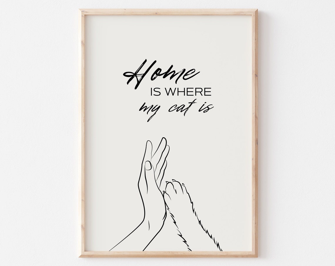 Home Is Where My Cat Is Line Art Human Hand And Cat Paw Poster
