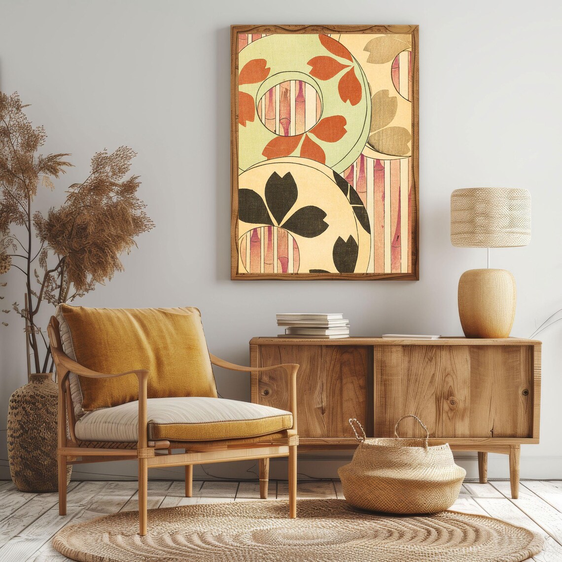 Vintage Japanese Uchiwa Fan Floral Woodblock Style Art Wall Poster