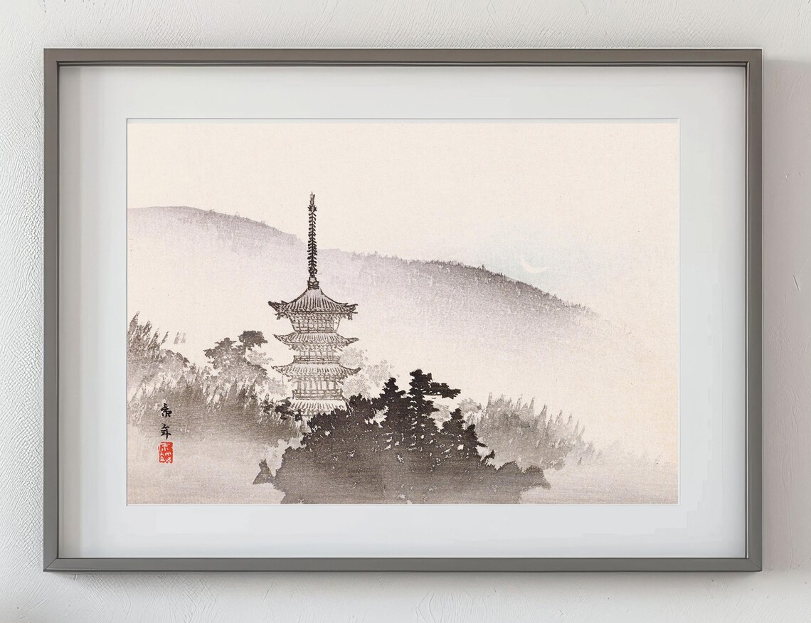 Japanese Pagoda In Misty Mountains Ink Wash Landscape Art Poster - Image 5