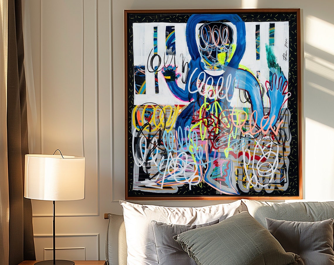 Blue Figure with Colorful Scribbles Framed Modern Abstract Poster