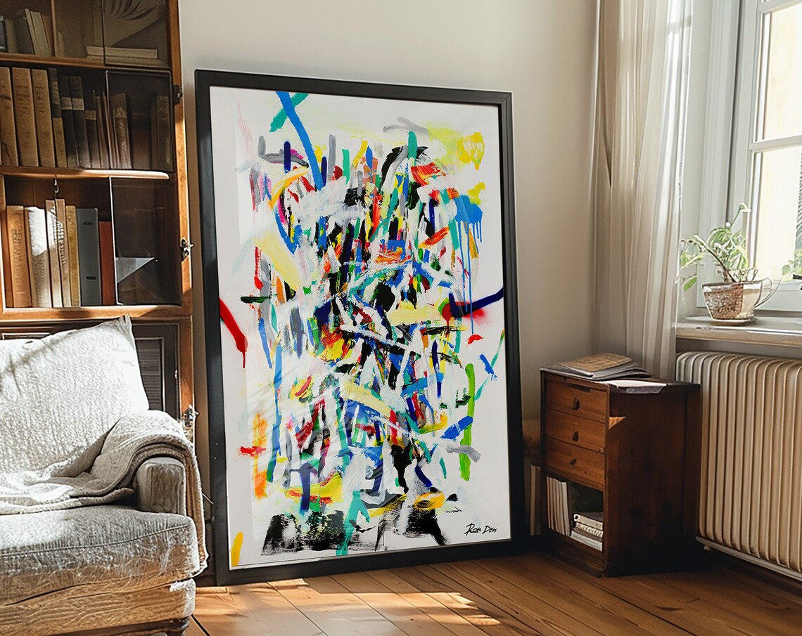 Colorful Paint Drips Chaos on White Large Modern Abstract Poster