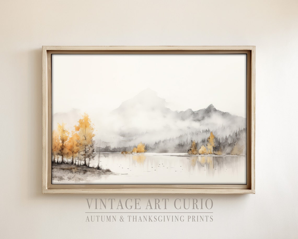 Misty Autumn Lake Golden Trees Reflection Serene Watercolor Poster