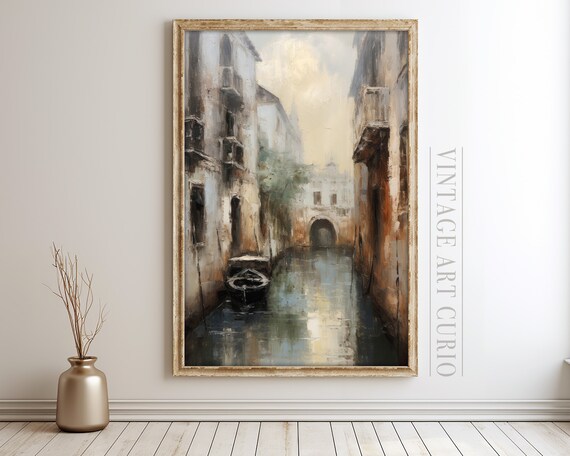 Vintage Venice Oil Painting Rustic European City Art