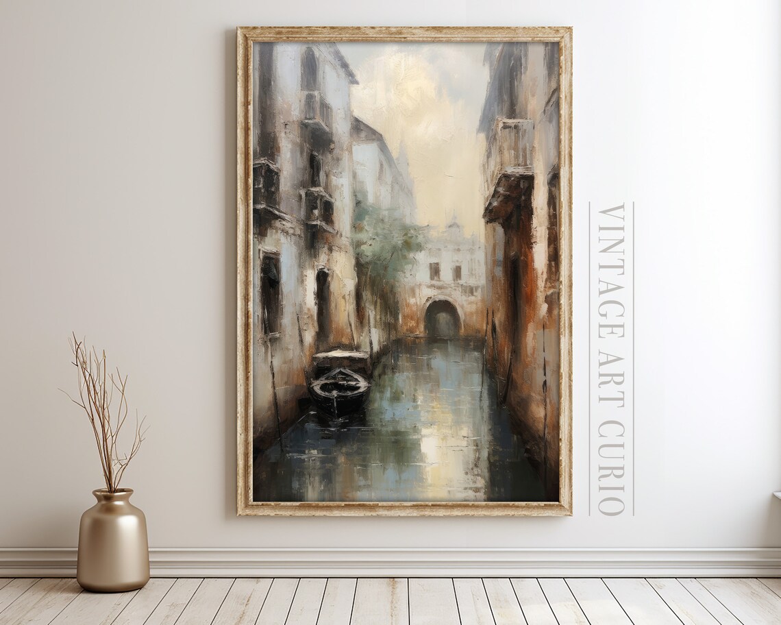 Vintage Venice Canal Boats Impressionist Oil Painting European Poster