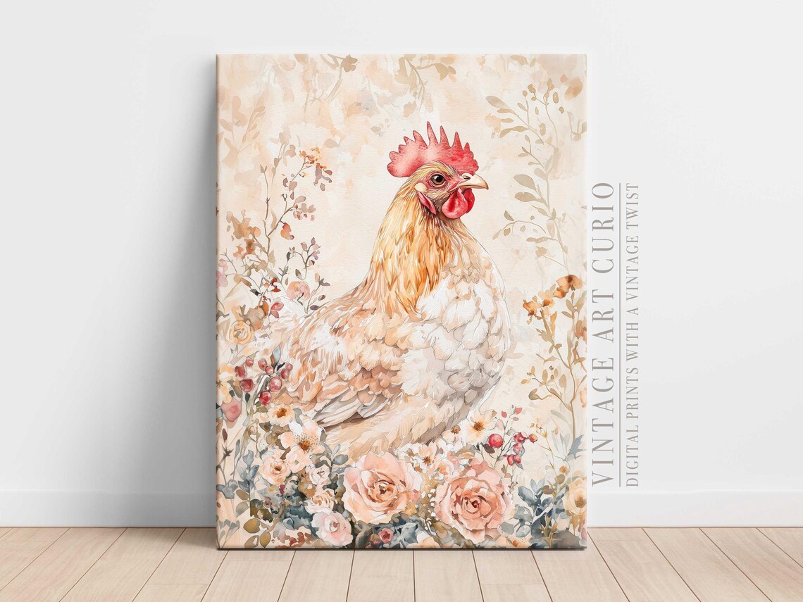 Watercolor Chicken Art Print, Scandinavian Farmhouse Decor