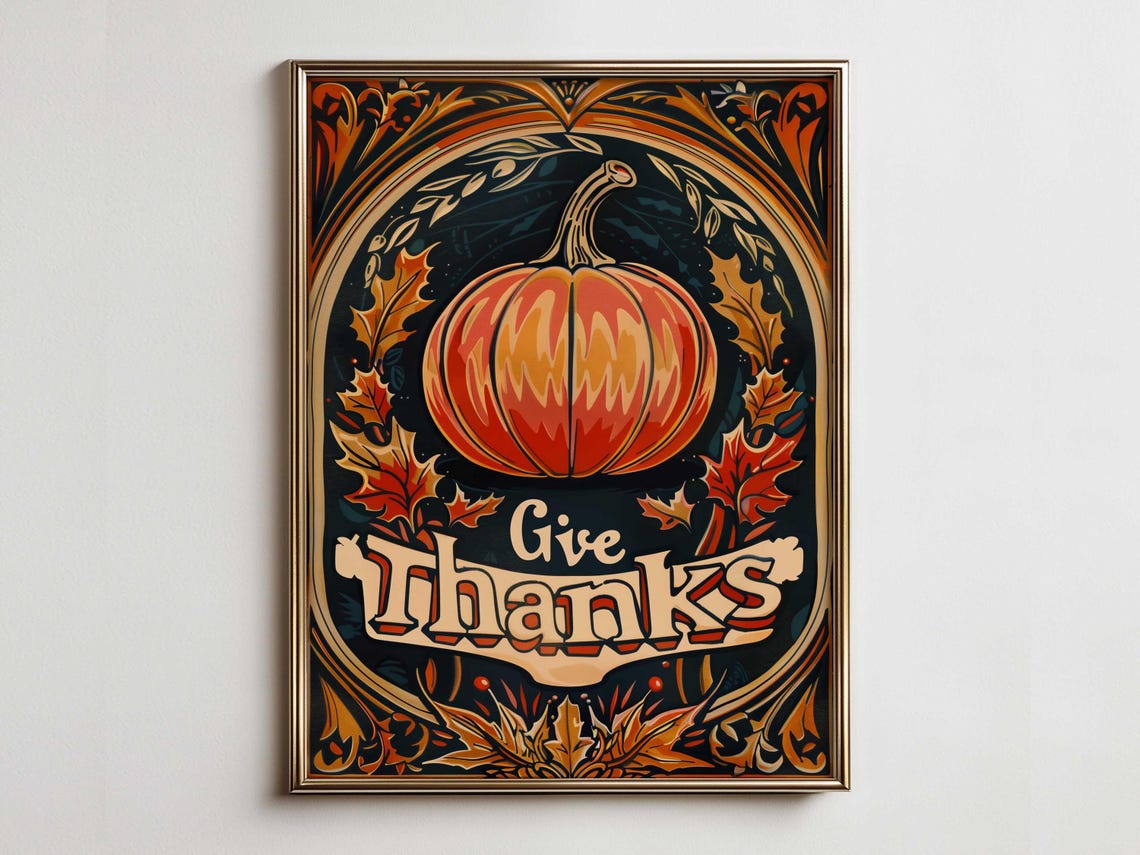 Glowing Give Thanks Orange Pumpkin in Ornate Frame Autumn Poster