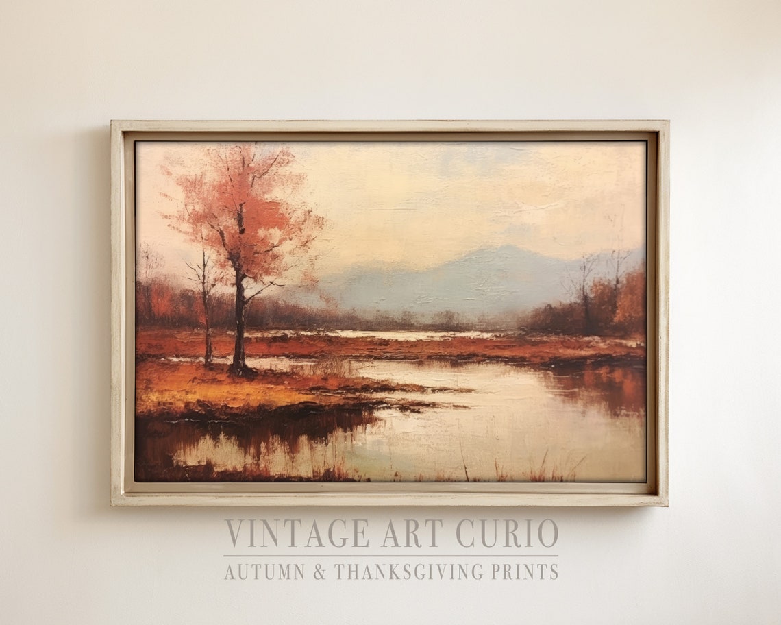 Warm Autumn Landscape Painting Vintage Red Fall Art Rustic Print Country Decor