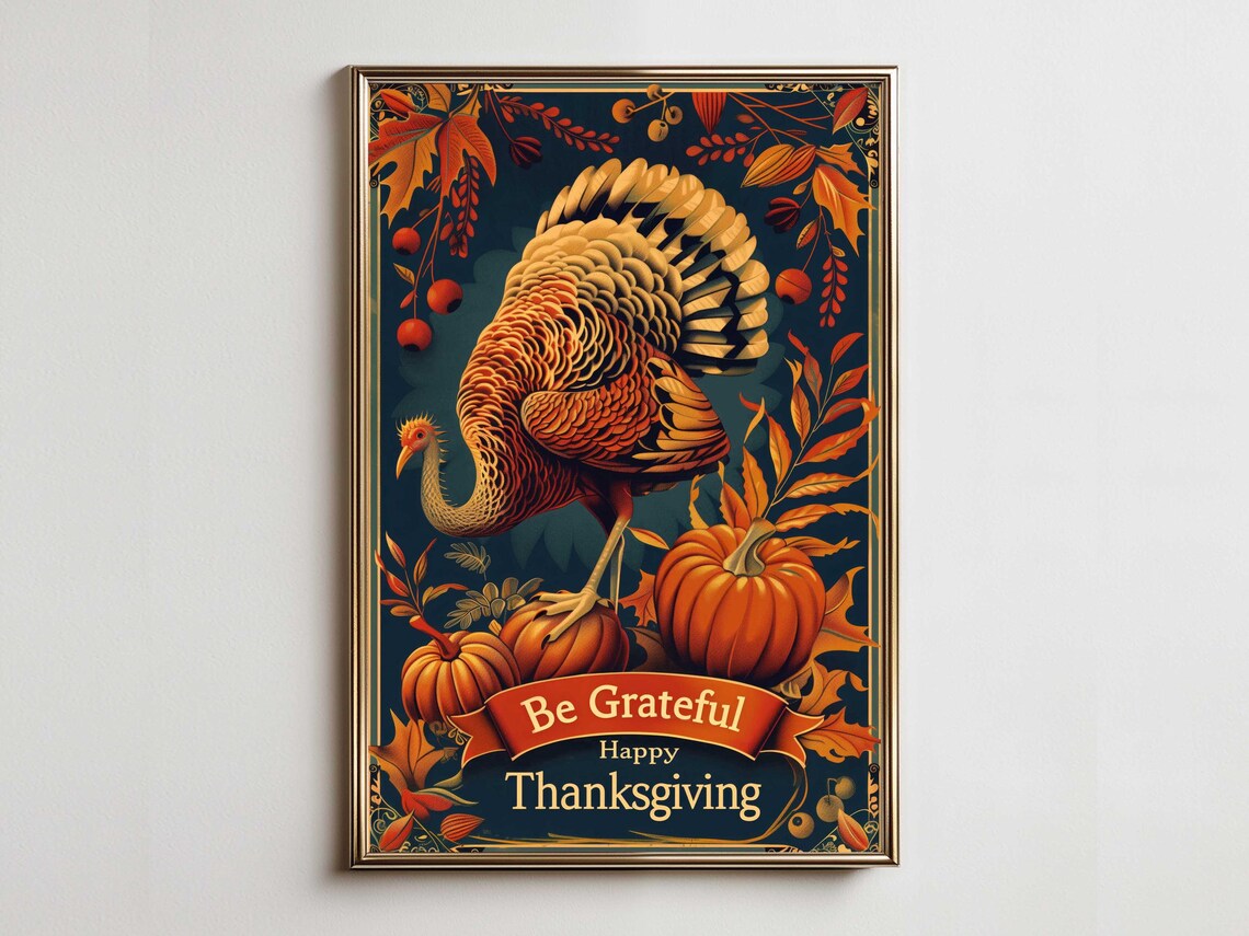 Be Grateful Happy Thanksgiving Golden Turkey Pumpkin Harvest Poster
