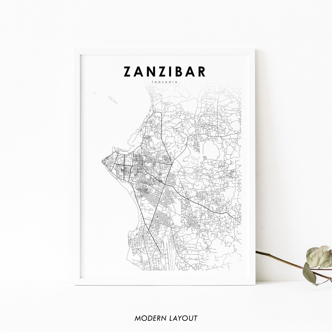 Zanzibar Tanzania Map Art Print, Unguja Streets