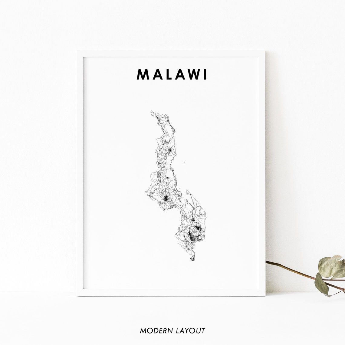 Malawi Country Road Network Map Minimalist Black Line Art Poster