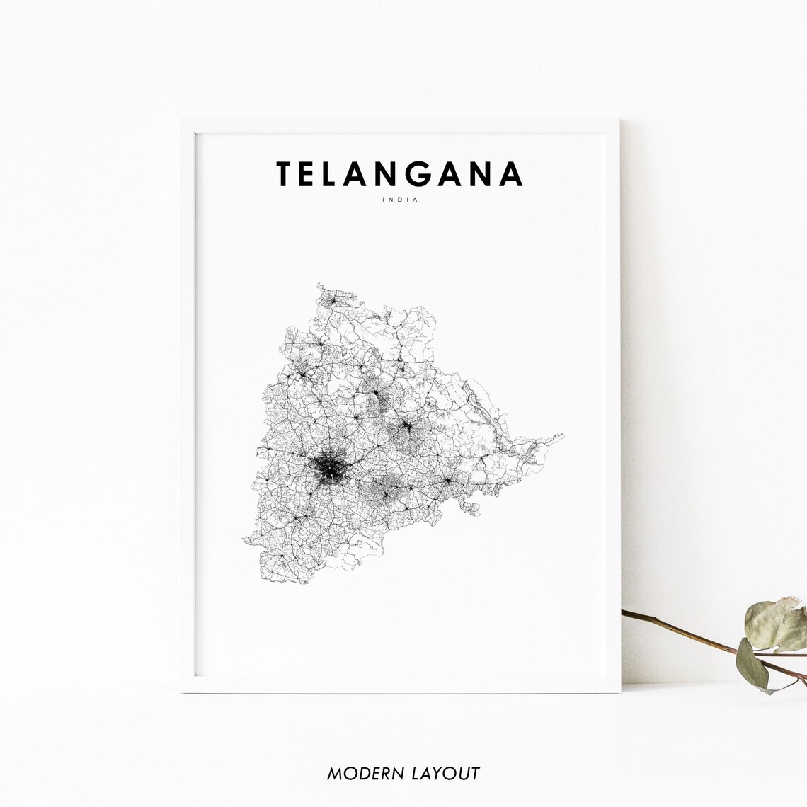 Telangana India Minimalist Black Line Art Road Map Travel Poster
