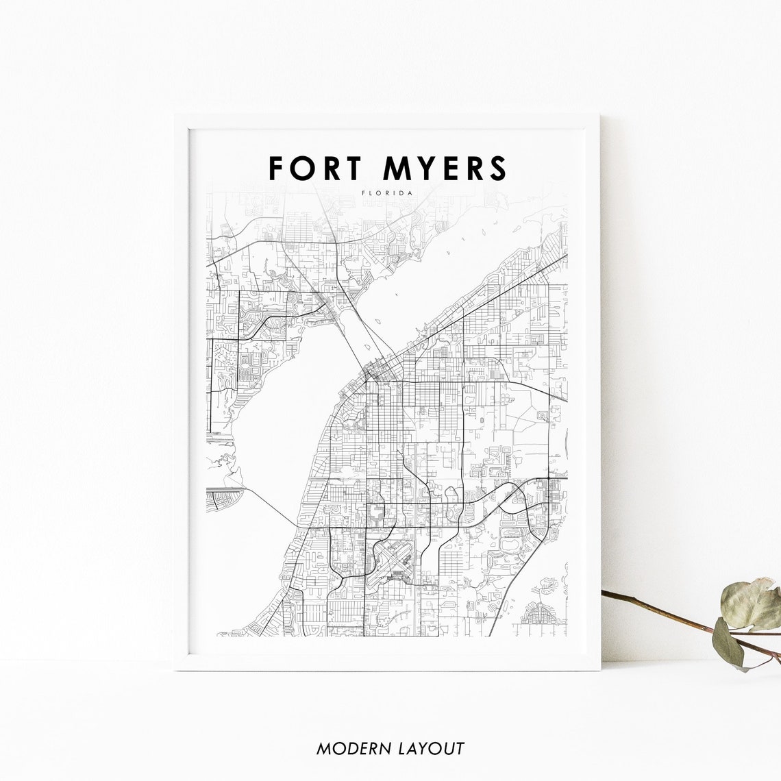 Fort Myers Florida Minimalist City Street Map Black White Poster