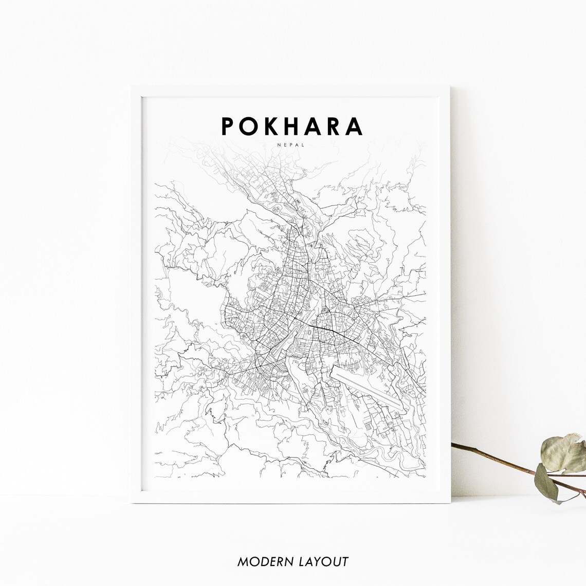 Pokhara Nepal Map Art Poster, City Street Road