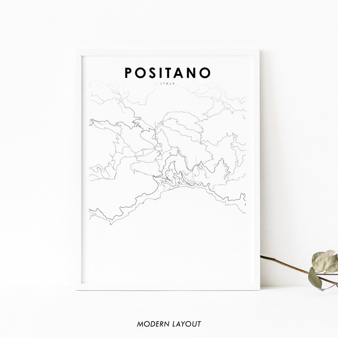 Positano Italy Minimalist Coastline Line Art Map Travel Poster