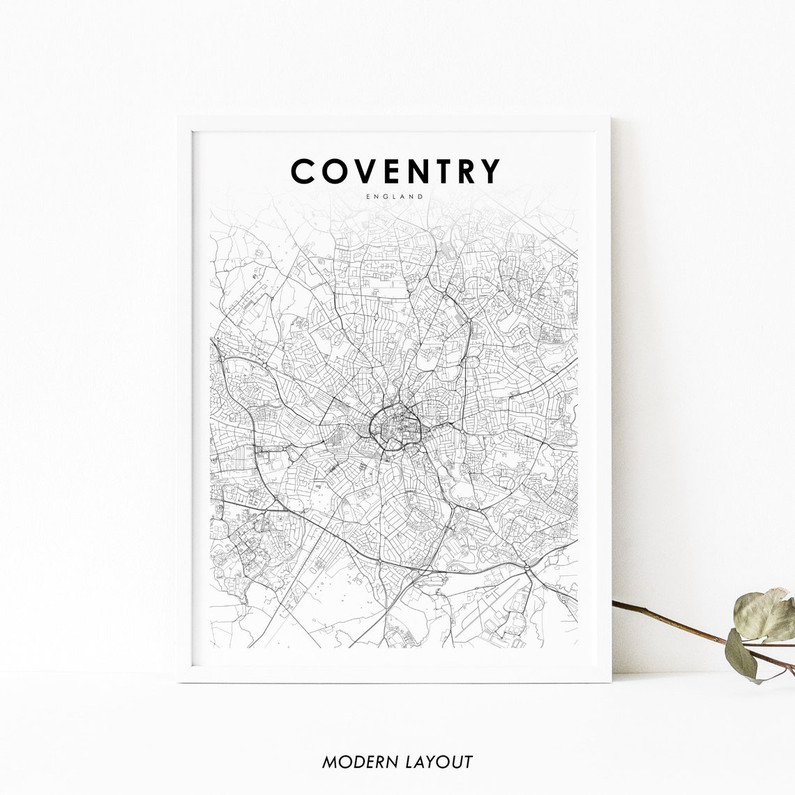 Coventry England Minimalist City Street Map Black and White Wall Art