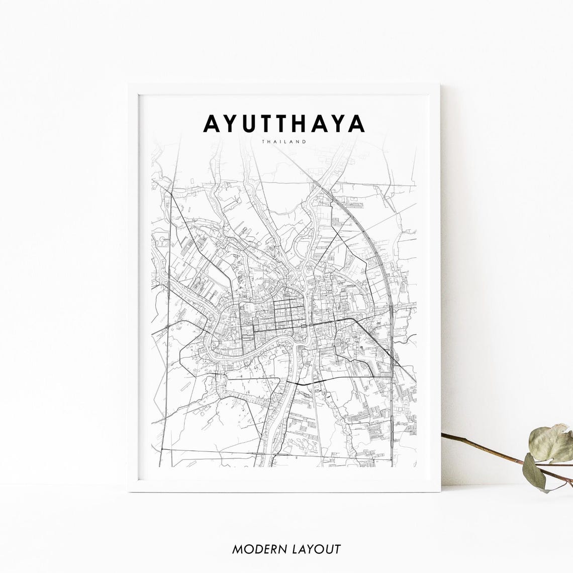 Ayutthaya Thailand City Map Poster Minimalist Black And White Decor