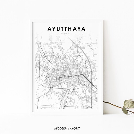 Ayutthaya Thailand City Map Poster Minimalist Black And White Decor