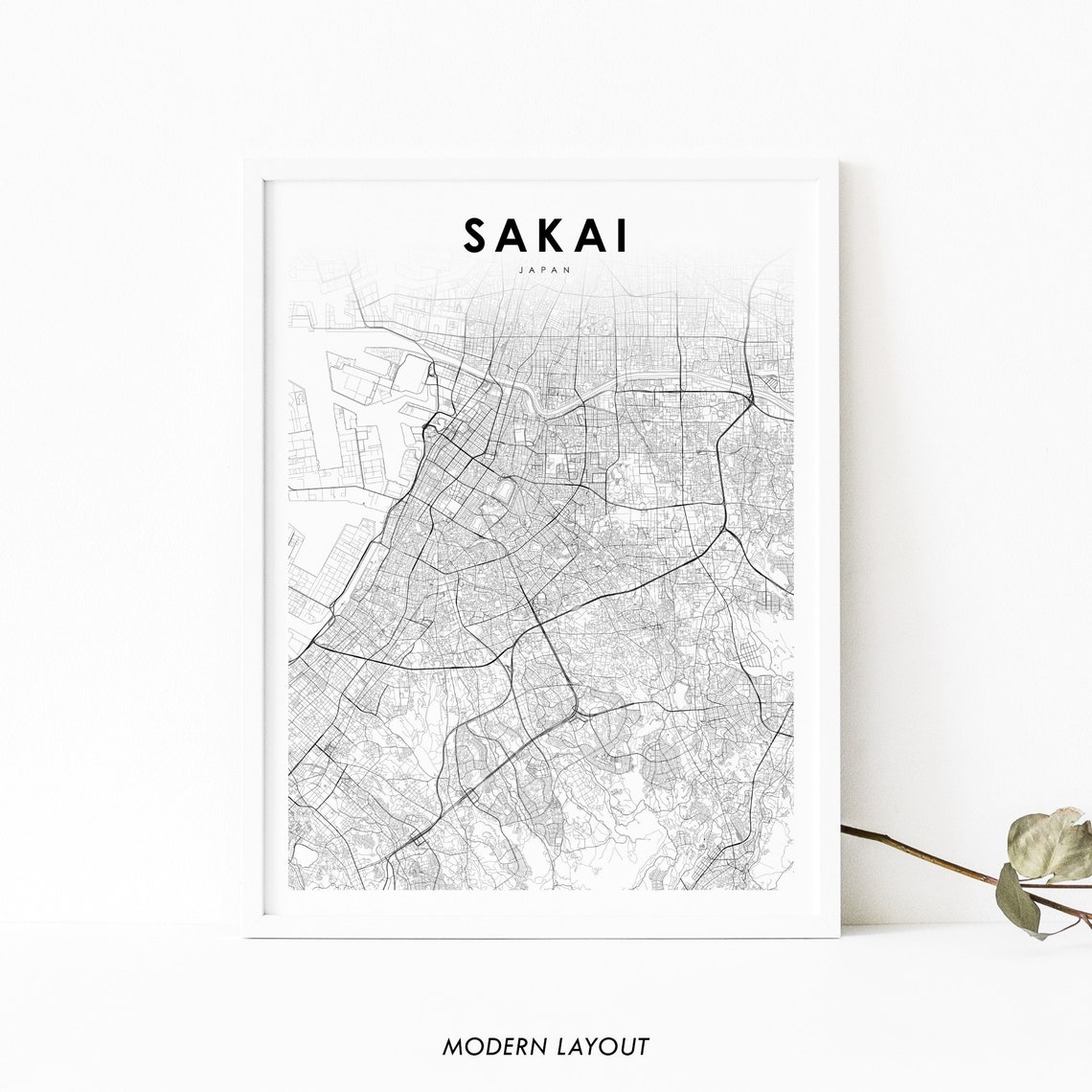 Sakai Japan Minimalist Street Map Poster Modern Black and White