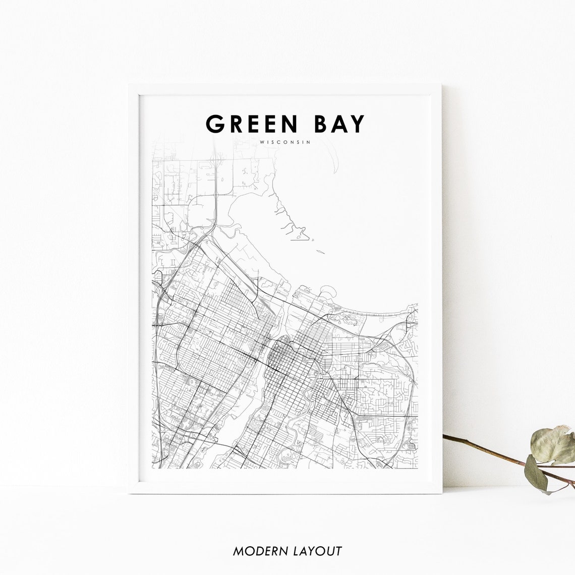 Green Bay Wisconsin Minimalist City Map Poster Modern Black and White