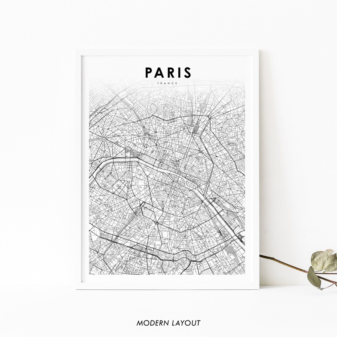 Paris France Modern Minimalist City Map Street Grid Art Poster
